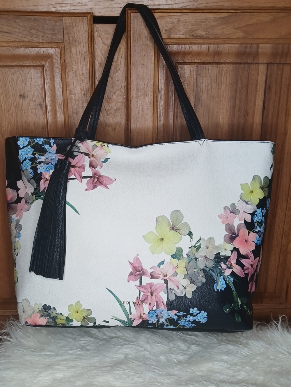 Ted Baker White Floral Tote with Black Handles and Tassel